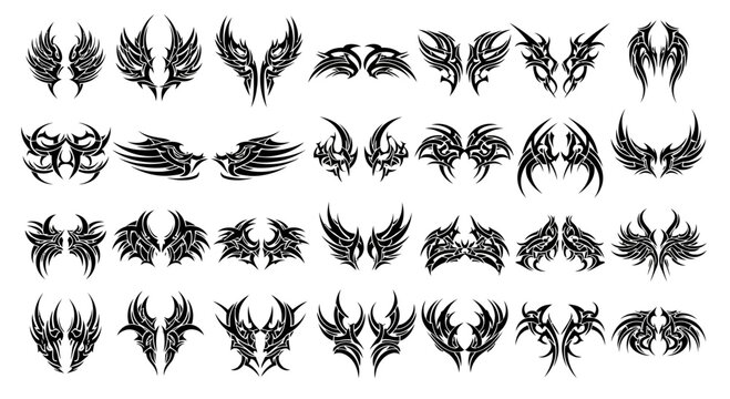 tribal wings tattoo designs, black ink art, angel wings, decorative elements