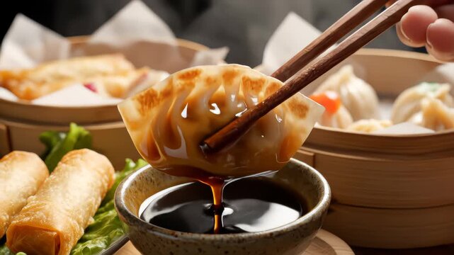 Dipping dimsun into soy sauce close-up macro. Dim sun, gedza dumplings, spring rolls on the table. Food delivery