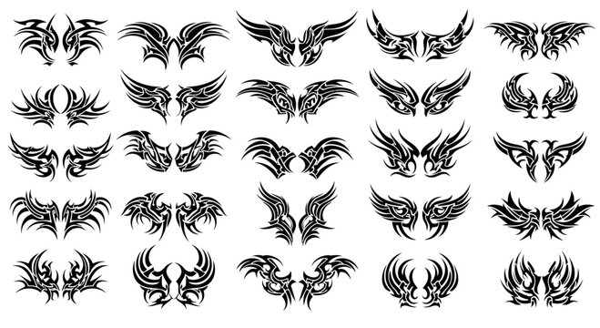 tribal wings tattoo designs, black art, angel wings, decorative elements