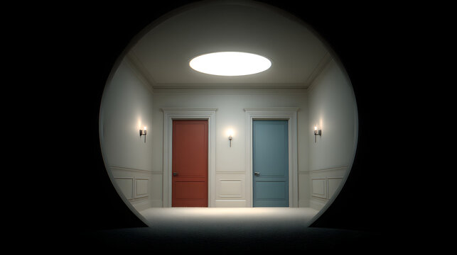 First-person POV, eye level, small room, two doors in front, one red, one blue door, one round ceiling light, well lit room, white walls, light carpet, surreal, dreamcore aesthetic, quiet and tense
