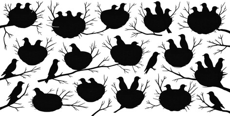 Fototapeta premium Bird nests with chicks silhouettes on tree branches, black woodland wildlife vector collection isolated on white background for design