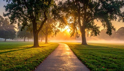 Serene Morning Walk - Sunlit Path Through a Misty Park.