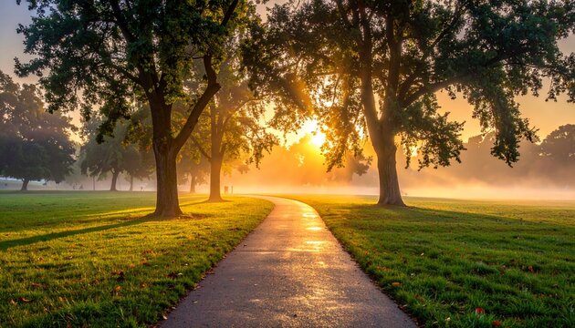 Serene Morning Walk - Sunlit Path Through a Misty Park.