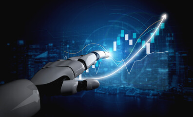 Futuristic robotic hand pointing at rising financial graph in a digital business landscape, showcasing technology and innovation Impute.