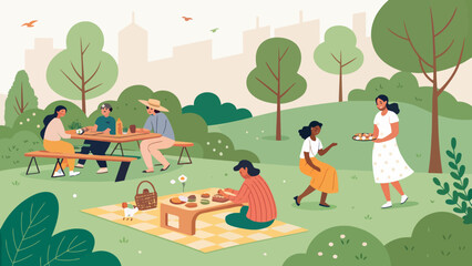 Fototapeta premium Lively park scene with diverse people enjoying picnics at tables and on blankets, playing, and walking in a vibrant green setting.
