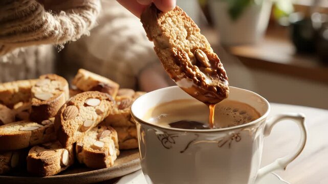 Dipping Cookies In Coffee Cup. Crispy Pastry. Crispy Biscuit cantuccini At Morning. Pouring Sweet Cookies In Coffee Mug. Cozy enjoying espresso coffee morning at home. dipping cookie into hot drinks.