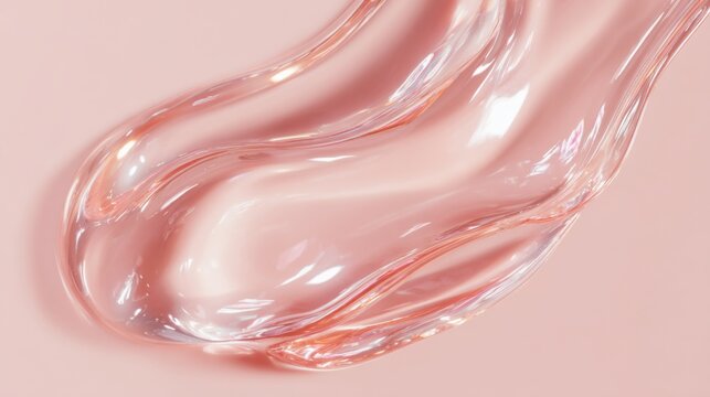 A transparent gel spreads gently across a soft pink surface, highlighting its fluidity and smooth texture. The reflective quality adds depth to the visual appeal, emphasizing a contemporary aesthetic.