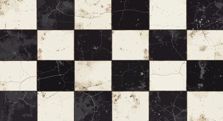 cracked checkerboard tiles, black and white checkered background