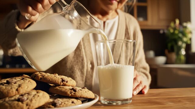 A person is carefully pouring fresh milk into a glass, preparing a delicious snack of cookies. This moment is taking place in a warm kitchen, filled with inviting aromas and a cozy ambiance