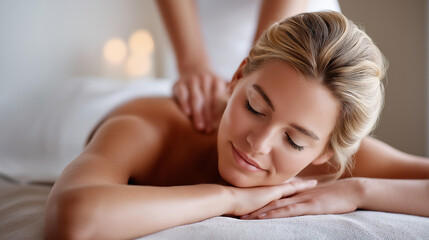 Fototapeta premium Luxury spa editorial photograph of beautiful young woman, receiving professional back massage therapist, finding deep relaxation healing, serene atmosphere wellness moment, with