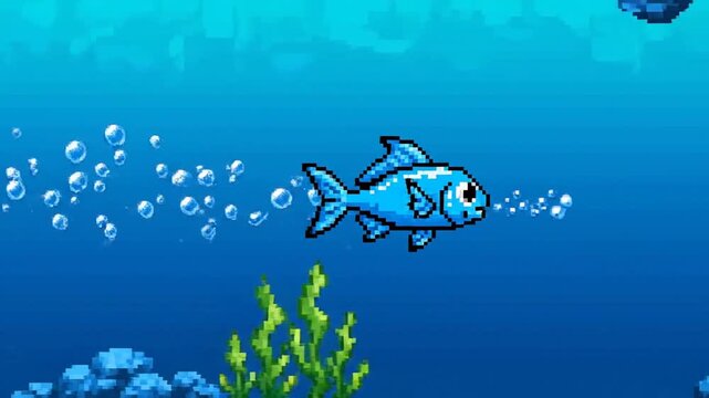 Blue pixel art fish swims with bubbles underwater.