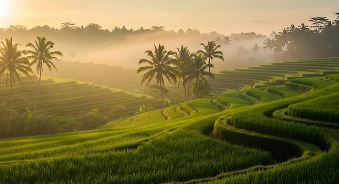Misty Sunrise over Lush Green Rice Terraces and Palm Trees