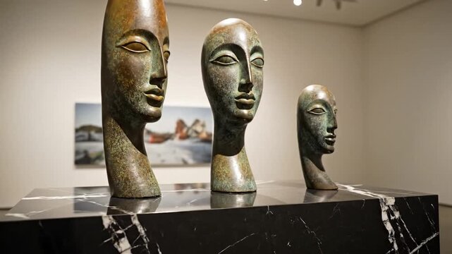 Bronze abstract face sculptures on marble pedestal in art gallery