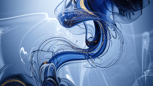 Abstrakte blaue Tinte im Wasser mit goldenen Fraktalen