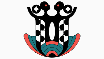 Naklejka premium Stylized graphic illustration of two figures embracing or dancing, with geometric shapes and vibrant colors, symbolizing unity, partnership, or celebration.