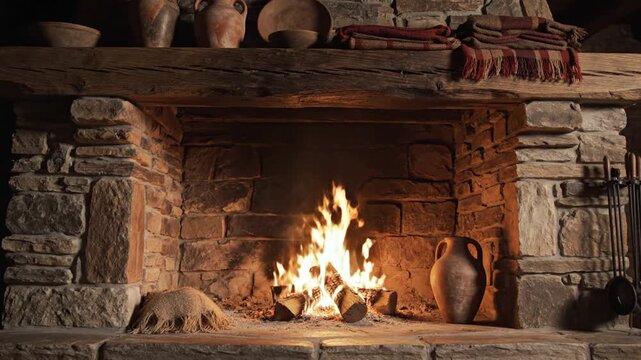 Warm rustic hearth with glowing fire and earthenware jar in stone fireplace
