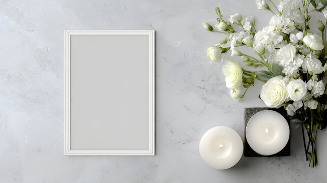Funeral announcement background template, vertical white frame on right side, light gray neutral background, large copy space on left, professional obituary layout, minimalist style, no people, no