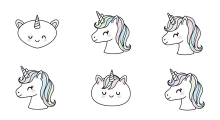 Obraz premium Cute Unicorn Faces Collection, Hand-Drawn Kawaii Style, Pastel Colors