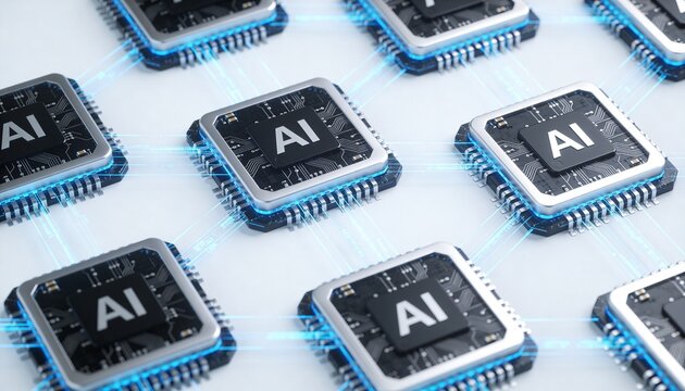 Scalable High Performance Computing Power with Glowing Blue AI Microchips Grid