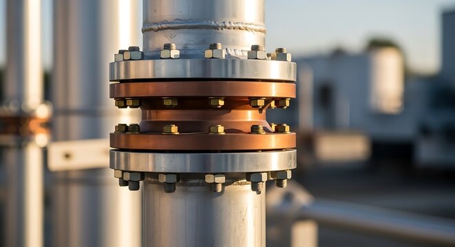 Close-up of industrial pipes with flanges and bolts, blurred background