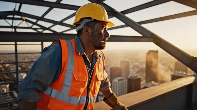 Weary construction worker on steel beam high above cityscape, wiping sweat during sunset