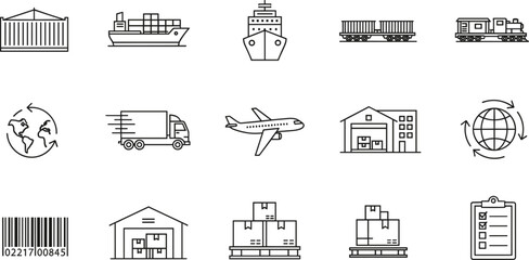 Global Logistics and Shipping Line Icon Set with Cargo Ship, Freight Train, Warehouse, Air Transport and Supply Chain Vector Illustration © MdMostafijur