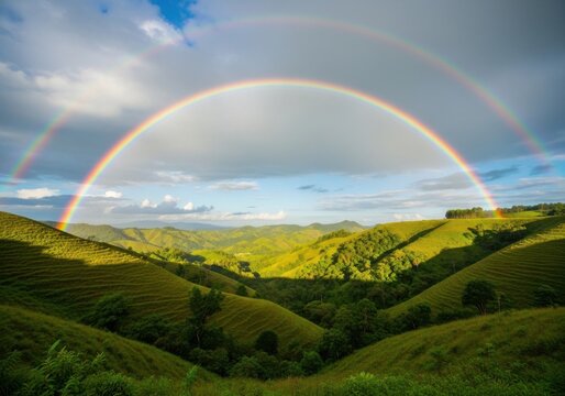 Vibrant rainbow arching over lush green rolling hills under a partly cloudy sky