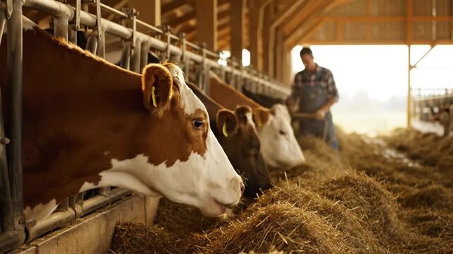 Brown and white dairy cows eating hay from a trough inside a brightly lit barn structure