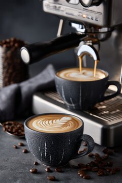 Two cups of coffee being made with an espresso machine.