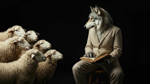 Surreal conceptual image of a wolf in a business suit sitting on a stool and reading a book to a group of attentive sheep against a dark background.