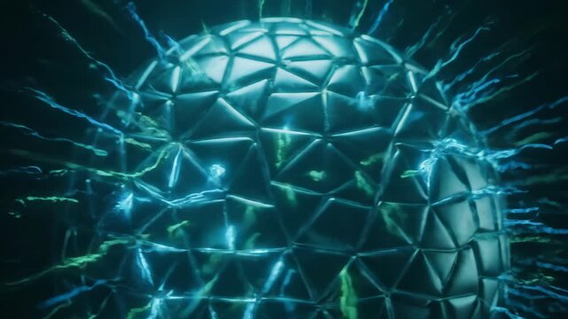 Futuristic blue spherical shape with abstract technology and design elements on dark background.