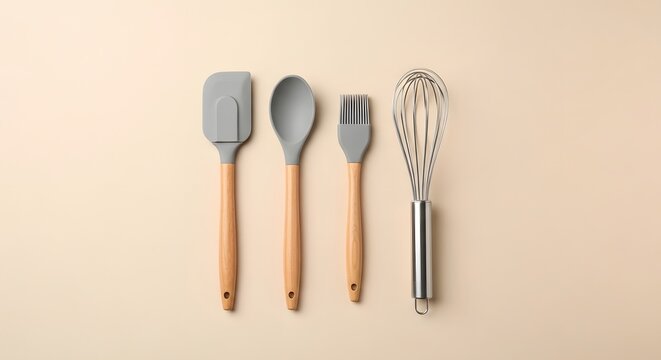 Modern Kitchen Utensils Flat Lay on Beige
