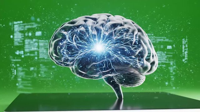 Close-up to medium studio shot of a futuristic artificial intelligence brain floating slightly above a flat professional studio platform with a bright chroma green screen background
