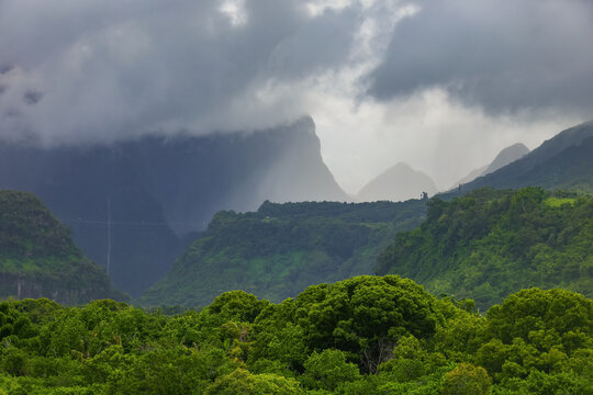 Scenic cloudy landscape of Cirque de Salazie, La Reunion island, French oversea department, Indian Ocean