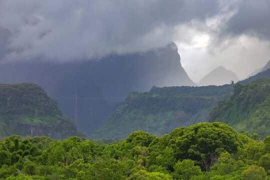 Scenic cloudy landscape of Cirque de Salazie, La Reunion island, French oversea department, Indian Ocean