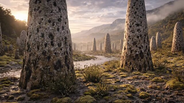 Cinematic representation of Prototaxites, the first giant terrestrial organism, populating a primeval landscape during the Ordovician Devonian periods with a river and mountains