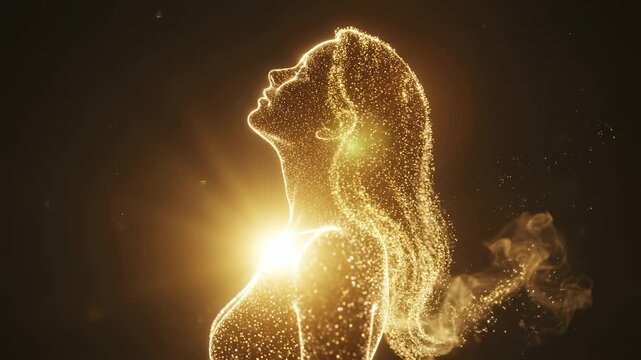 Ethereal silhouette of a woman formed by glowing golden particles looking upwards against a dark background, symbolizing inspiration, spiritual awakening, and inner light.