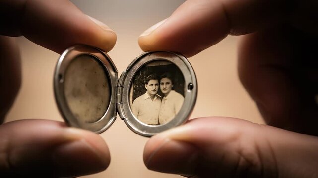 Hands opening a vintage locket with a photograph inside