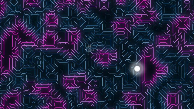 Abstract neon purple patterned artwork with dark background and glowing lines.