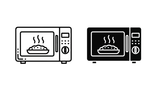 Black and white line art illustration of two microwave ovens with food inside on a plain white background.