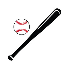 Baseball bat and ball silhouette icon isolated on white background. Sports equipment icons.
