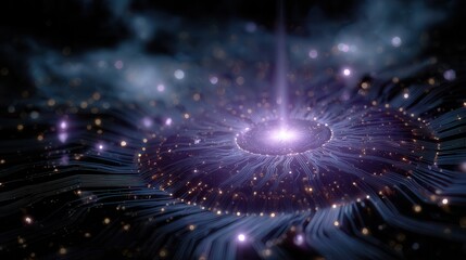 Fototapeta premium Futuristic circuit board glows intensely from core, surrounded by nodes and pathways, set against dark atmospheric backdrop with bokeh highlights, evoking advanced tech or data processing in high tech