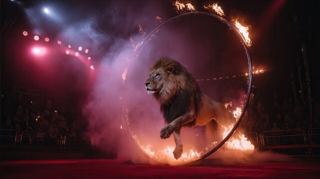 A male lion leaps through a flaming hoop amid smoke and stage lights in a dark circus arena. Dramatic red orange lighting highlights the lion&rsquo;s power and motion, with blurred in the backgroun