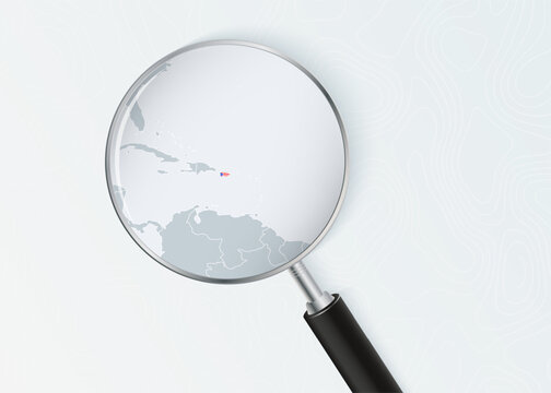 Puerto Rico Map Under Magnifying Glass with National Flag Overlay.