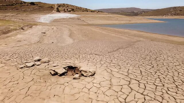 Aerial view of dry, cracked earth near a shrinking lake, showcasing severe drought conditions, symbolizing climate change and water scarcity.