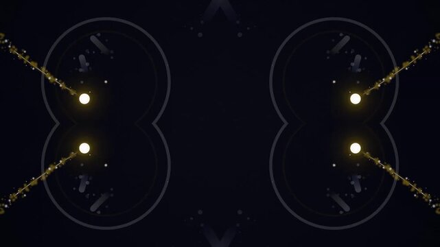 Two Glowing Orbs in a Symmetrical Night Scene with Dotted Beams and Abstract Cosmic Design.
