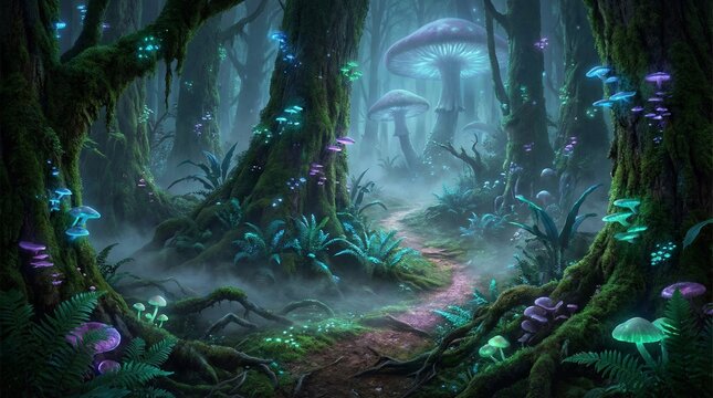 In a bioluminescent forest at night, glowing plants and towering trees emit an ethereal glow