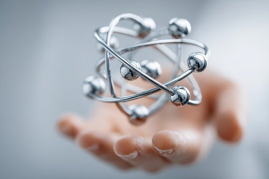 Close up hand holding atom model, shallow DOF blurs bg/fingers, studio lighting highlights reflections, cool neutrals, conceptual sci.