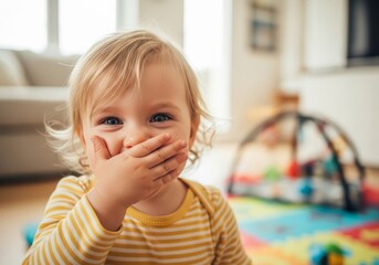 Fototapeta premium Funny reaction of a baby girl covering her mouth after saying something unexpected, capturing a candid moment.