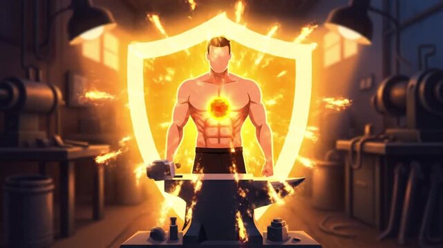 A powerful 2D animation featuring a shirtless, muscular man with a glowing core in a workshop setting. He uses a large hammer to strike an anvil, creating bursts of sparks. As he forges, a golden shie